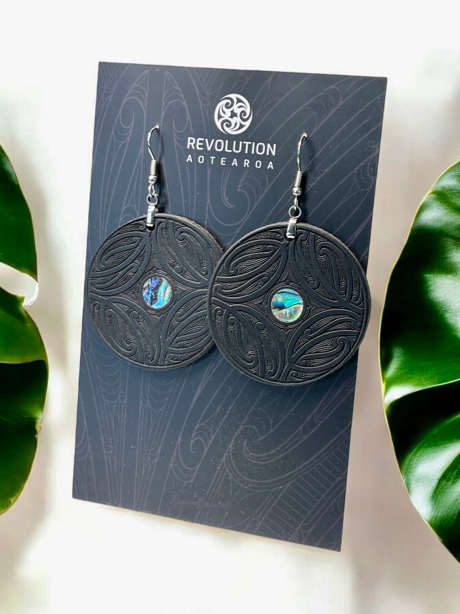 Earrings - Nga Hau e Wha - Black Leather wPaua Inlay - Revolution Aotearoa