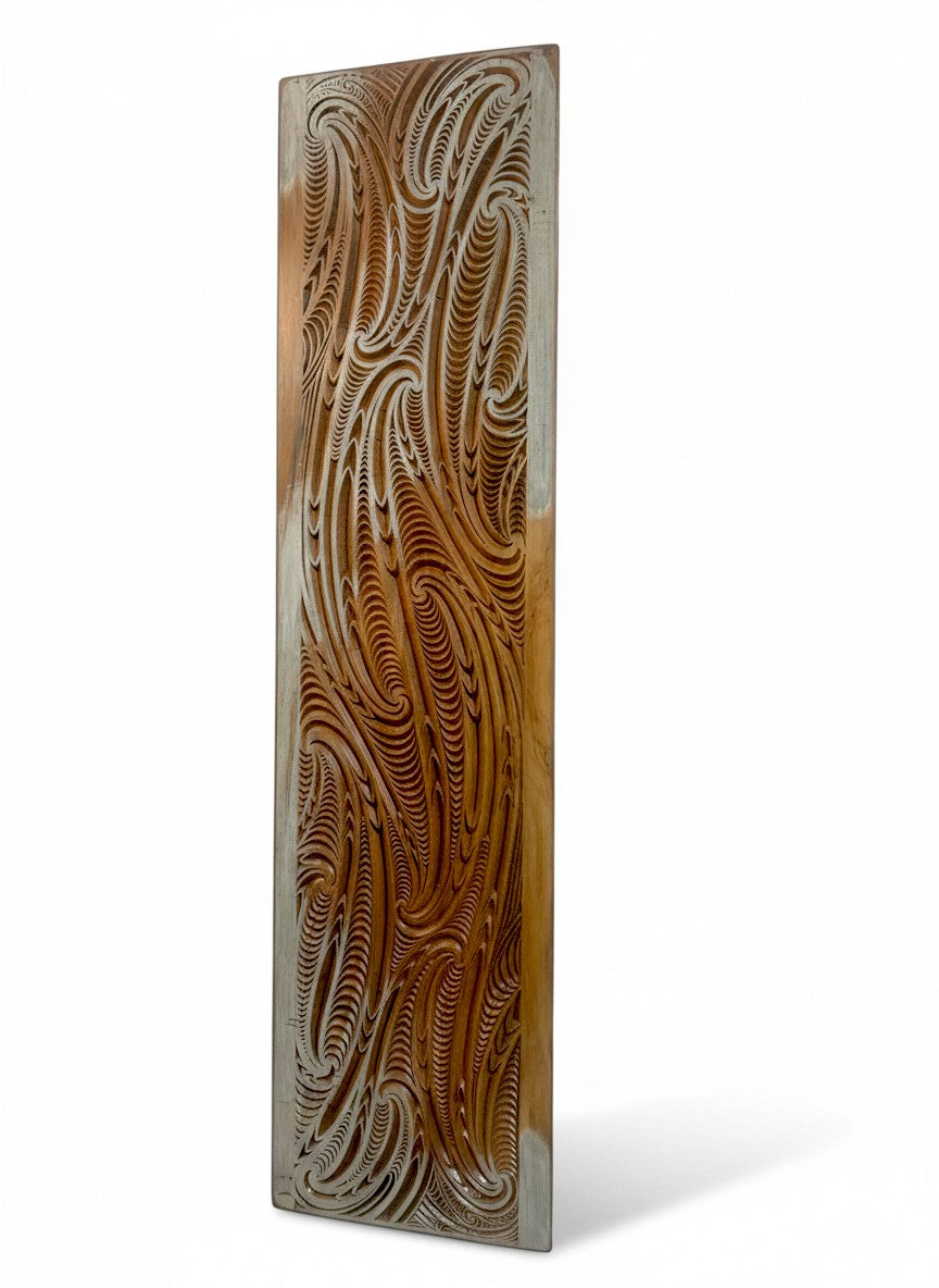 Revolution Aotearoa Kiri Kiore Relic Finish Panel with intricate carved swirling patterns in a dark wood finish.