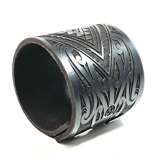 Custom Leather Cuff - Taniko Kowhaiwhai - Black - Revolution Aotearoa