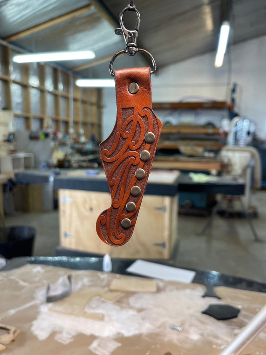 Moko Leather Guitar Strat Headstock Maori Design Keyring - Revolution Aotearoa