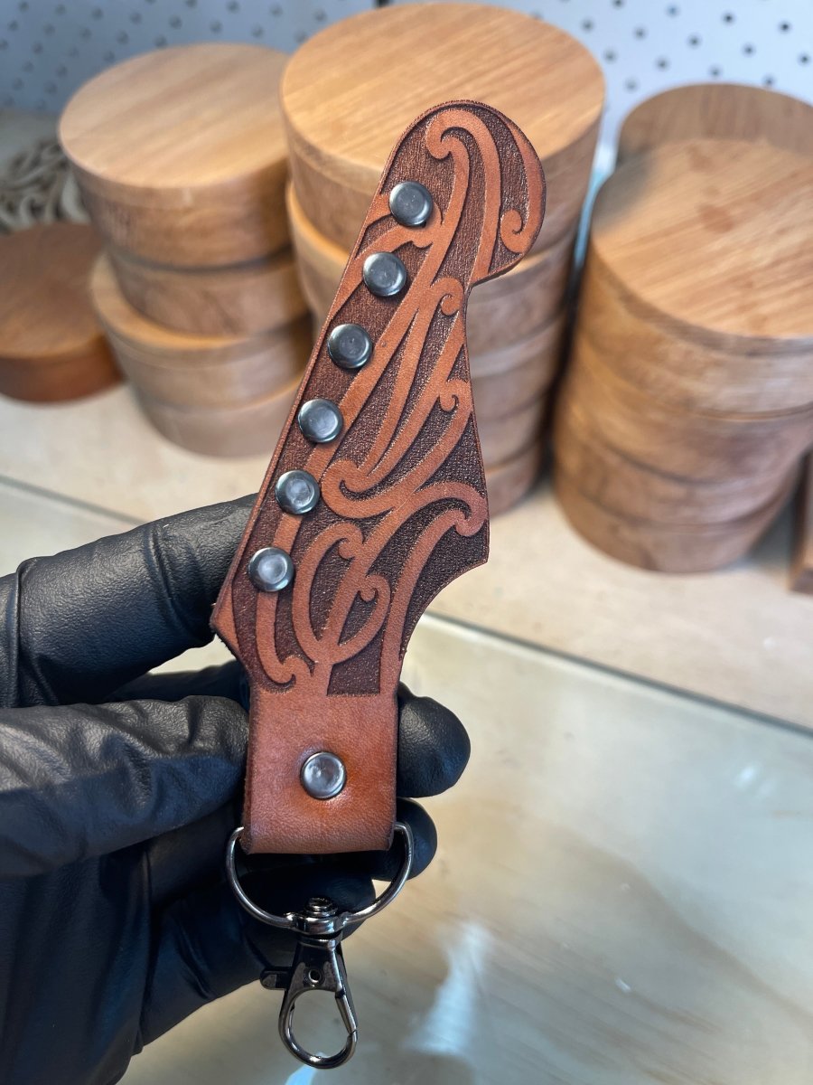 Moko Leather Guitar Strat Headstock Maori Design Keyring - Revolution Aotearoa